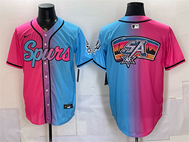 Men's San Antonio Spurs Team Big Logo Pink Blue Limited Stitched Baseball Jerseys