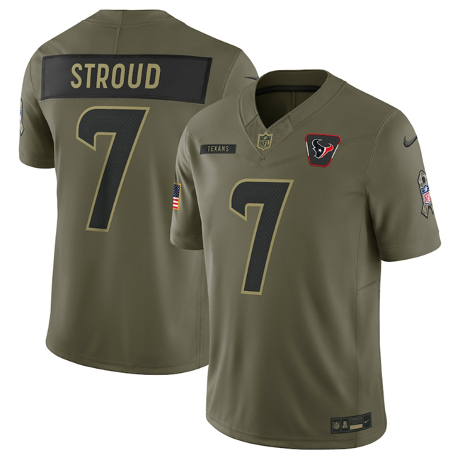 Men's Houston Texans #7 C.J. Stroud Olive 2025 Salute to Service Limited Stitched Football Jersey