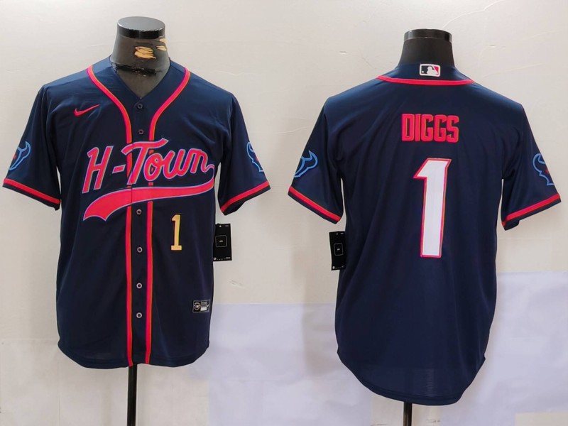 Men's Houston Texans #1 Stefon Diggs Navy With Patch Cool Base Stitched Baseball Jersey 2