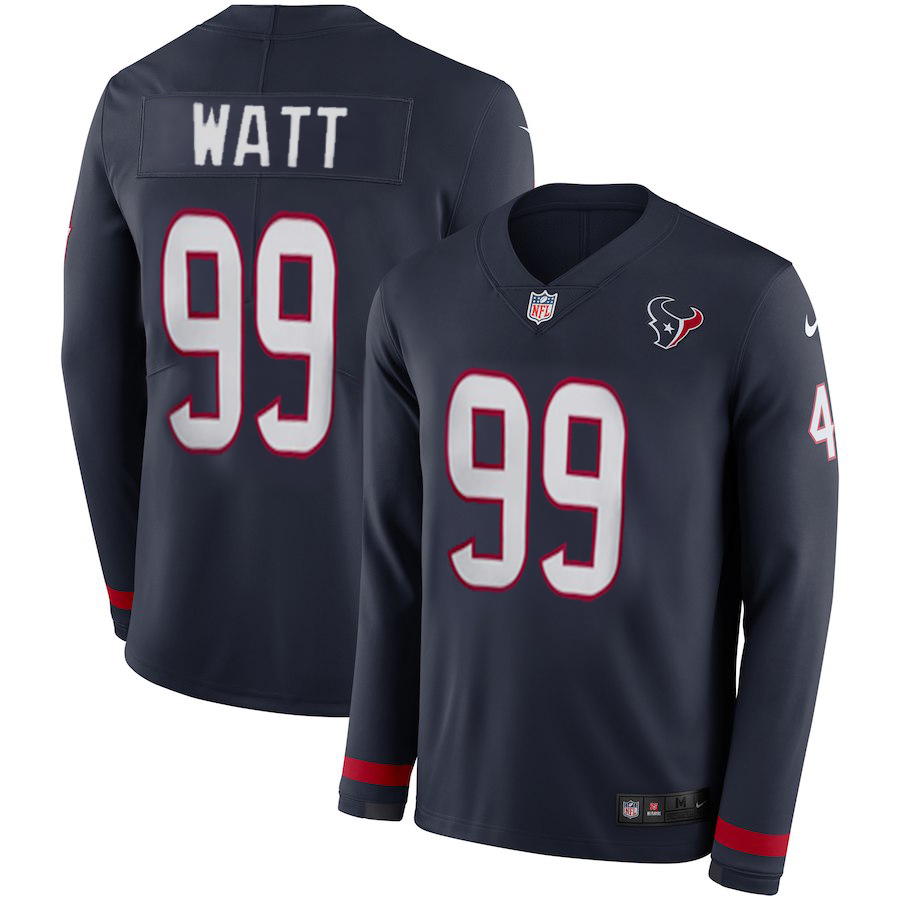 Men's Texans #99 J.J. Watt Navy Blue Team Color Men's Stitched NFL Limited Therma Long Sleeve Jersey