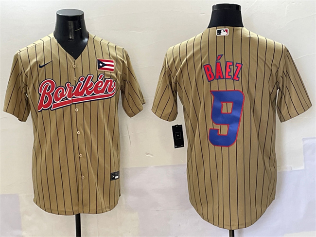 Men's Puerto Rico Baseball #9 Javier Báez Tan 2023 World Baseball Classic Stitched Jersey