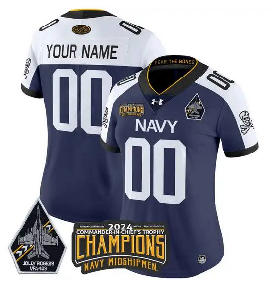 Women's Navy Midshipmen Active Player Custom Navy White 2024 Champions Patch And Jolly Rogers VFA-103 Horvath Patch Stitched Football Jersey