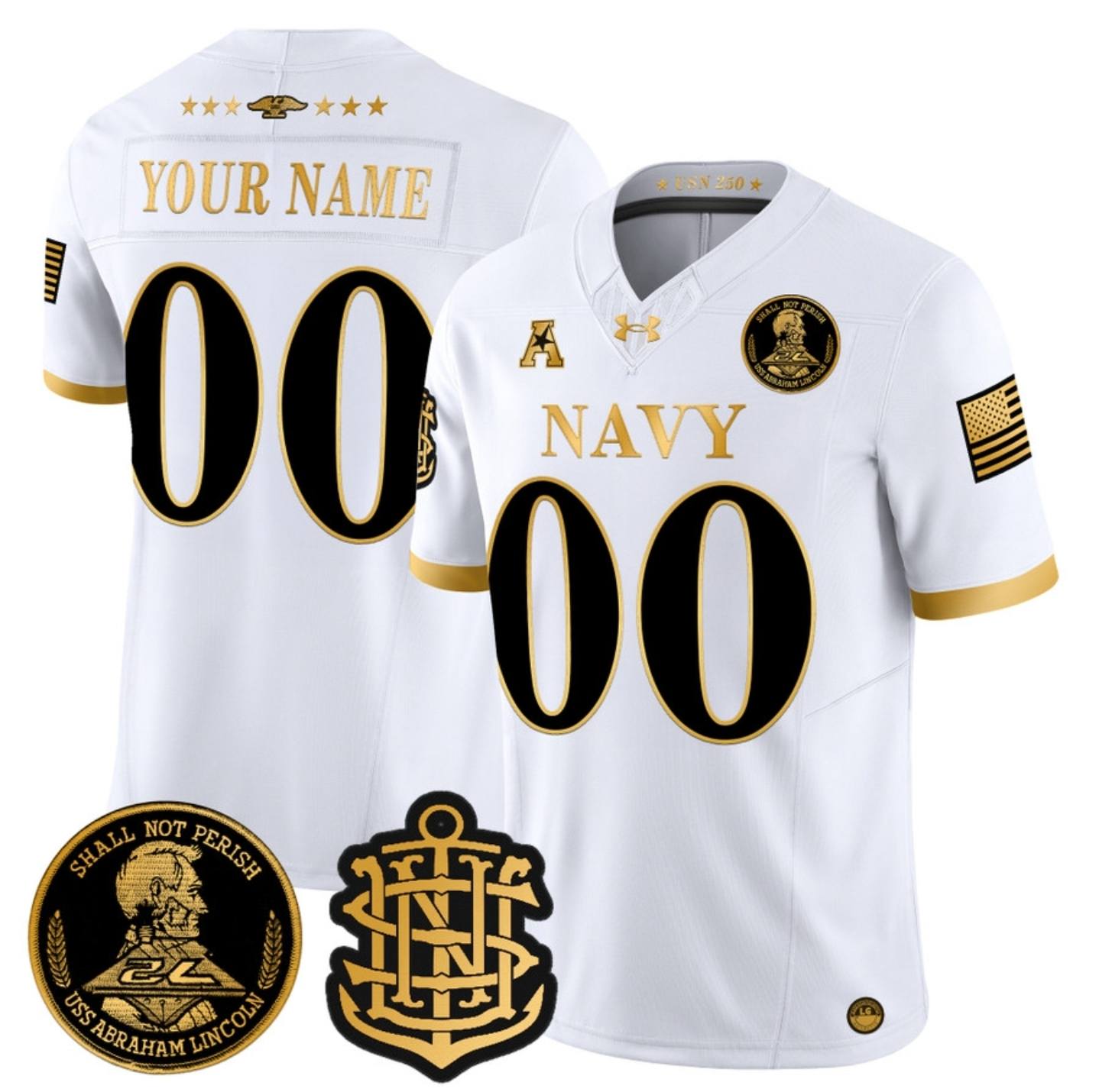 Men's Navy Midshipmen Active Player Custom White Gold 2024 F.U.S.E. Champions Patch And USS Patch Stitched Football Jersey