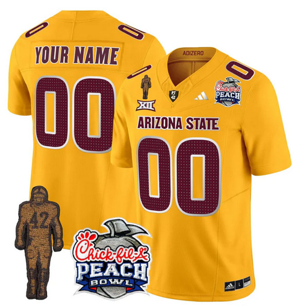 Men's Arizona State Sun Devils Active Player Gold 2025 F.U.S.E. Pat Tillman & Peach Bowl Patch Vapor Limited Stitched Jersey
