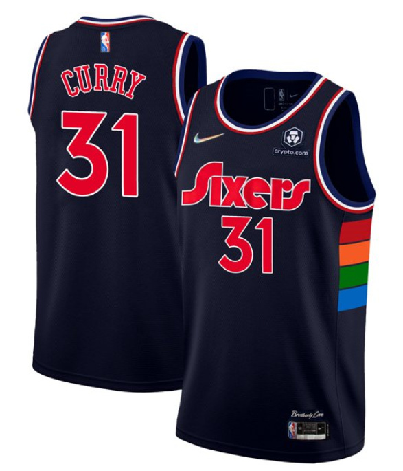 Men's Philadelphia 76ers #31 Seth Curry 2021 22 City Edition Navy 75th Anniversary Stitched Swingman Jersey