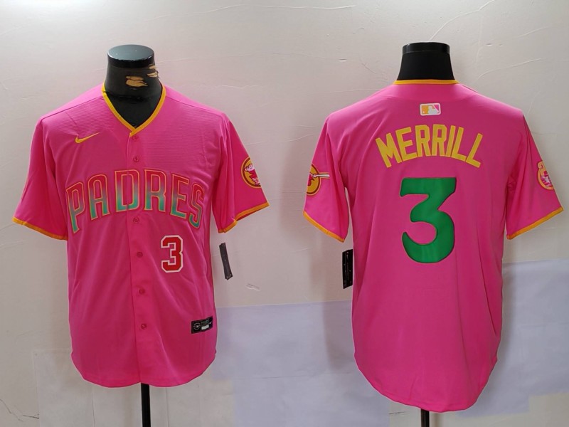 Men's San Diego Padres #3 Jackson Merrill Red Cool Base Stitched Baseball Jersey 3