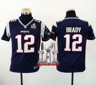 Nike Patriots #12 Tom Brady Navy Blue Team Color Super Bowl LI 51 Youth Stitched NFL New Elite Jersey