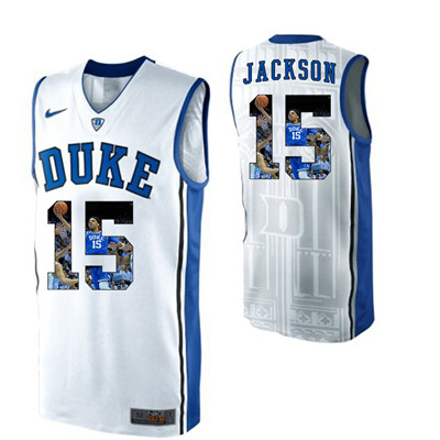 Duke Blue Devils 15 Frank Jackson White With Portrait Print College Basketball Jersey