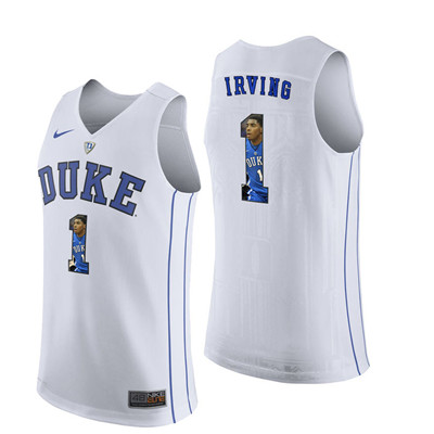 Duke Blue Devils 1 Kyrie Irving White With Portrait Print College Basketball Jersey
