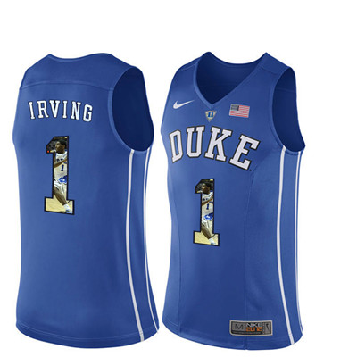 Duke Blue Devils 1 Kyrie Irving Blue With Portrait Print College Basketball Jersey3
