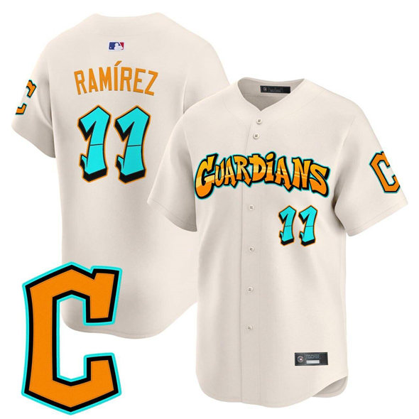Men's Cleveland Guardians #11 José Ramírez Cream Graffiti Barrio Edition Vapor Limited Stitched Baseball Jersey