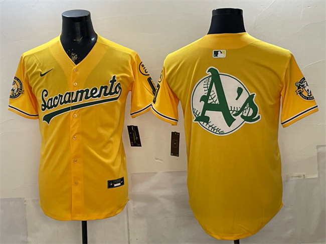 Men's Oakland Athletics Team Big Logo 2026 Yellow Alternate Sacramento Celebrating 125 Years Vapor Limited Stitched Baseball Jerseys 002