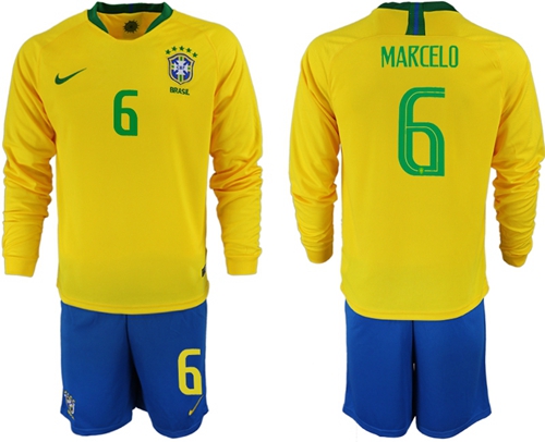 Brazil #6 Marcelo Home Long Sleeves Soccer Country Jersey