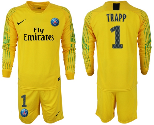 Paris Saint-Germain #1 Trapp Yellow Goalkeeper Long Sleeves Soccer Club Jersey