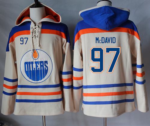 Oilers #97 Connor McDavid Cream Sawyer Customized Hooded Sweatshirt Stitched NHL Jersey