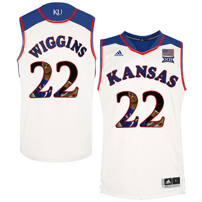 Kansas Jayhawks 22 Andrew Wiggins White With Portrait Print College Basketball Jersey2