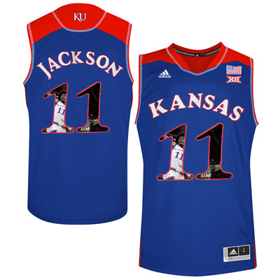 Kansas Jayhawks 11 Josh Jackson Blue With Portrait Print College Basketball Jersey